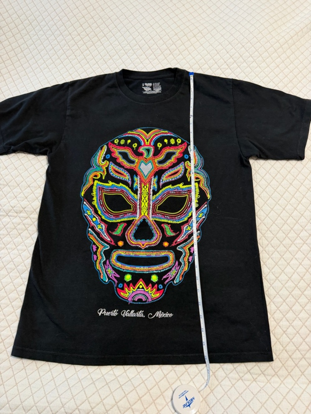 Puerto Vallarta Mexico Lucha Libre Mask Graphic Tee - Huichol Art Style